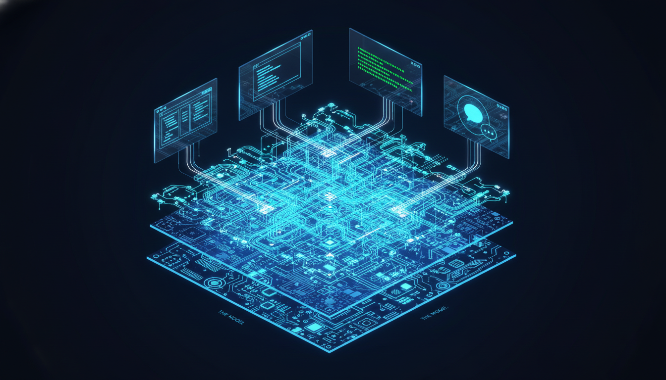三層架構橫切面：底層 Model、中層 Runtime、表層 Application
