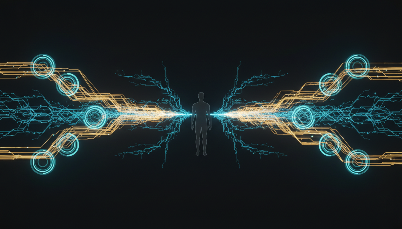 人類手持不可取代的黃金判斷力，AI 任務如光球飄向四周