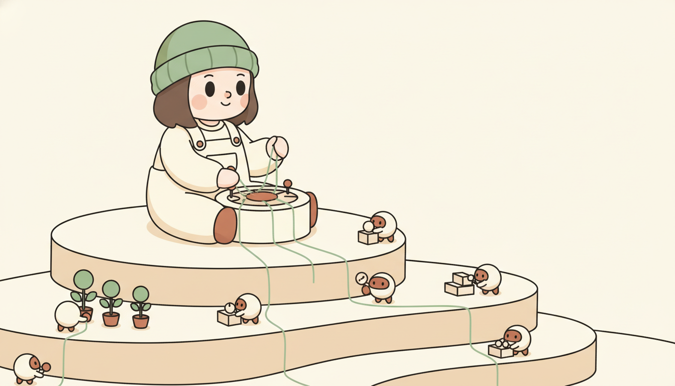 人類在高處輕持細線連接各層自主 Agent，保持守望而非微觀管理