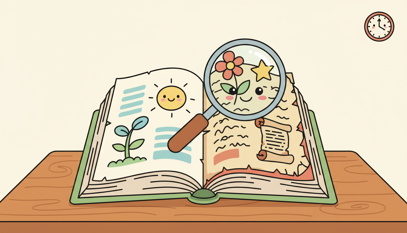 書本上有些頁面清晰鮮活，有些已經泛黃脫落，放大鏡讓舊知識煥然一新