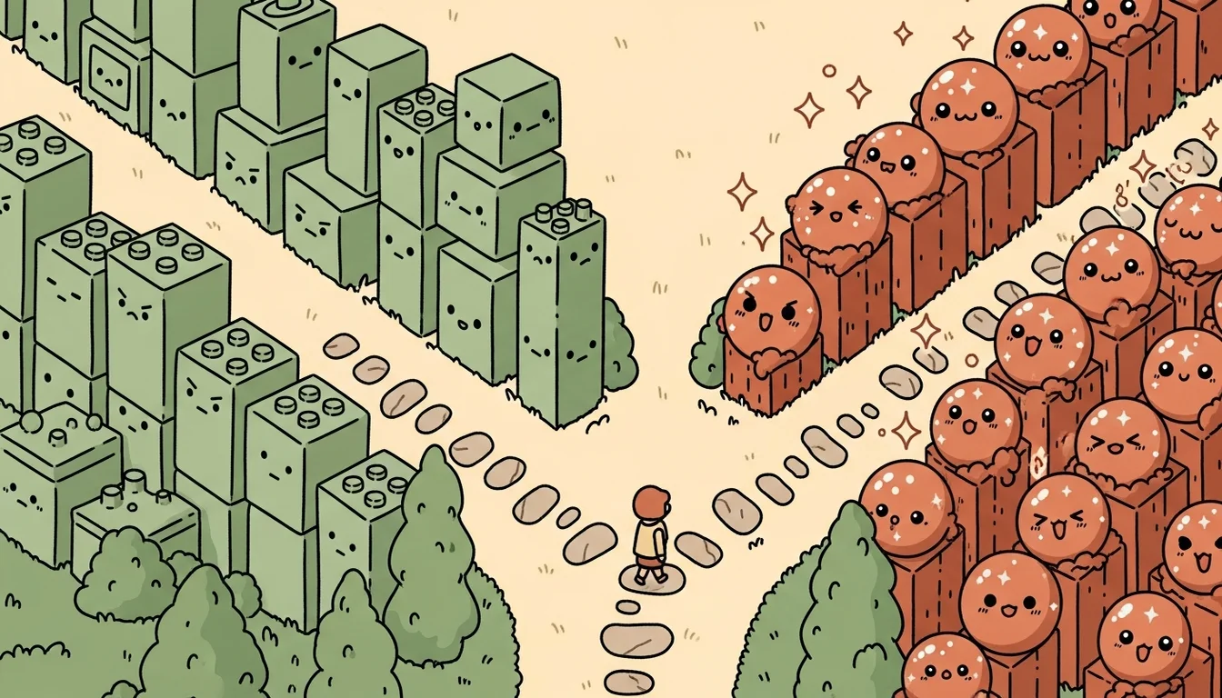 兩條分岔的道路，代表專業的傲慢與不專業的傲慢，中間一條細線代表謙虛