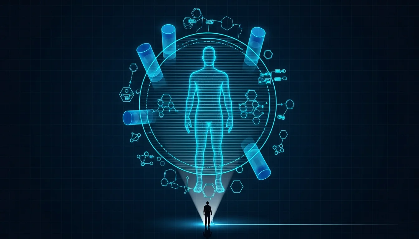 小小的角色拿著 AI 魔杖，在哈哈鏡裡看到一個巨大強大的自己——反向 Dunning-Kruger 效應的視覺化