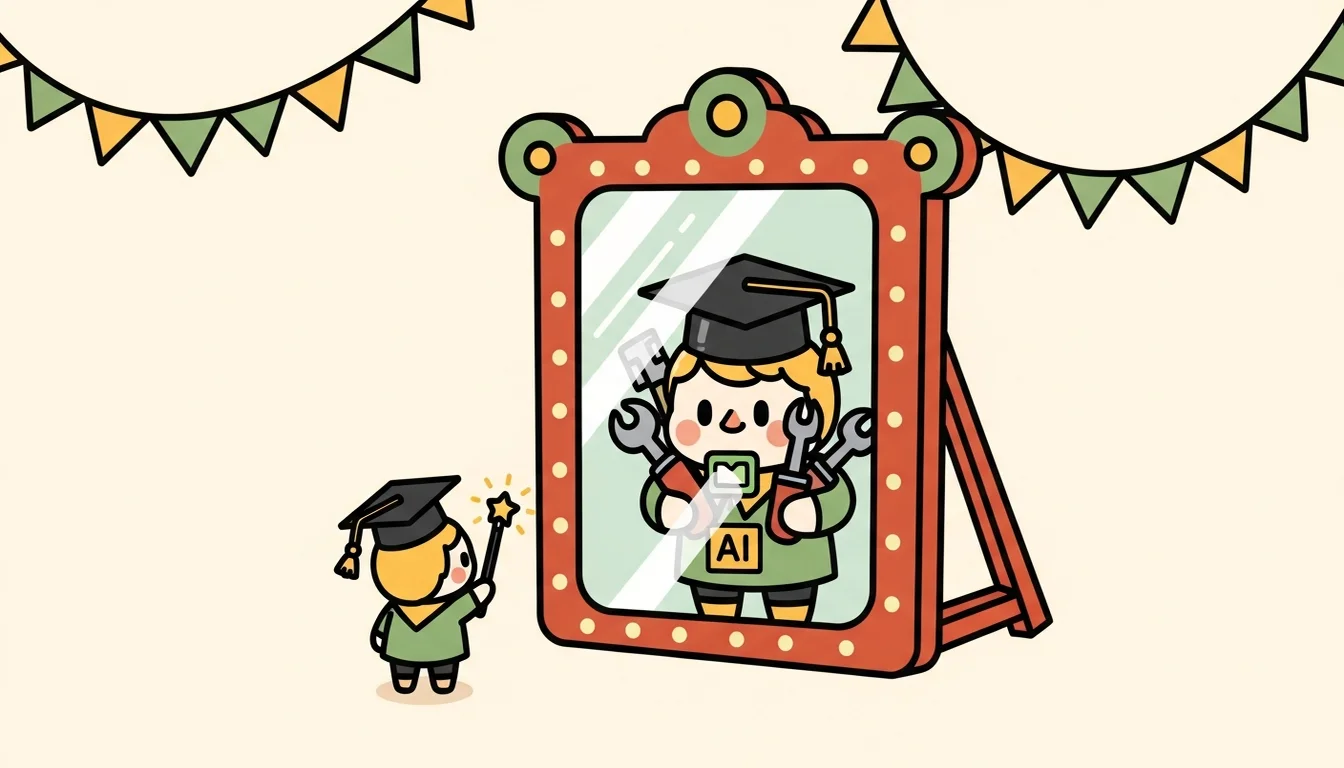 小小的角色拿著 AI 魔杖，在哈哈鏡裡看到一個巨大強大的自己——反向 Dunning-Kruger 效應的視覺化