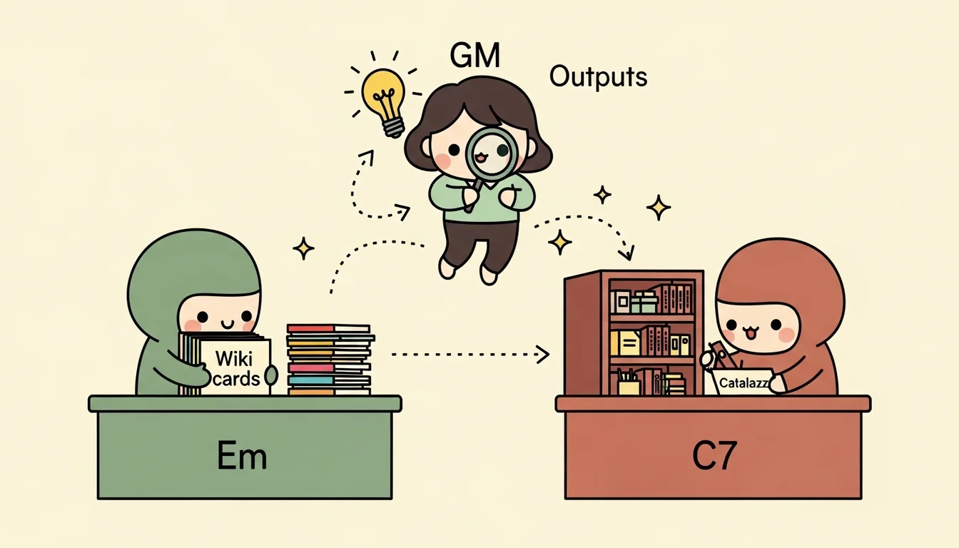 Em 和 C7 各自完成工作，但沒有人在串聯他們的產出