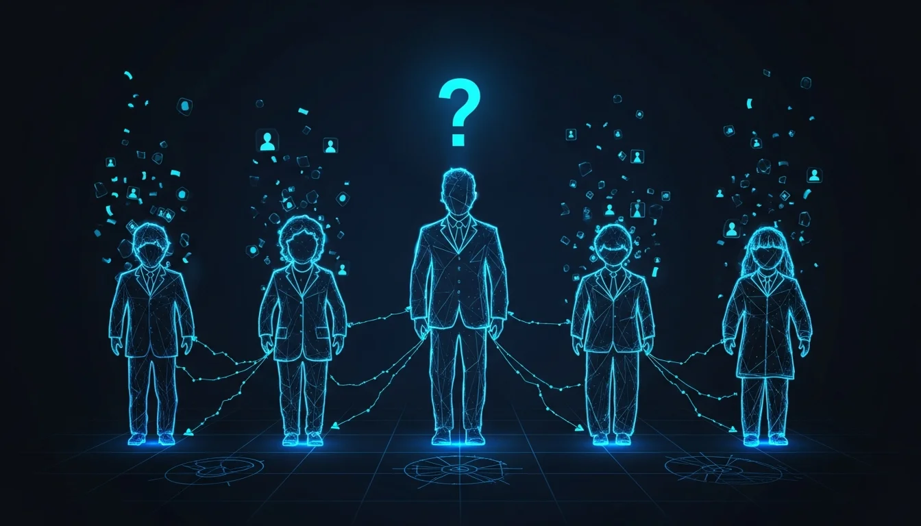 五個 Agent 站在一起，胸前的名牌只有問號