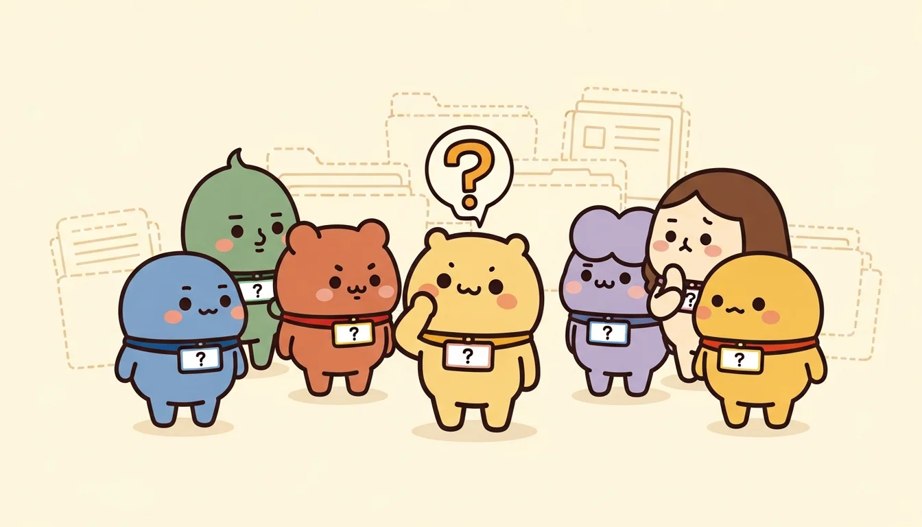 五個 Agent 站在一起，胸前的名牌只有問號