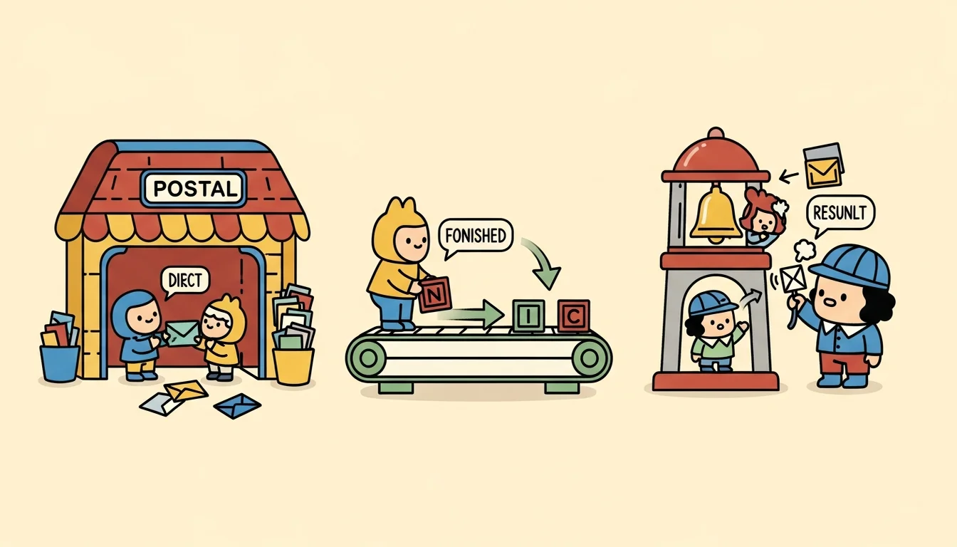 三種溝通模式並列：面對面對話、自動接力、通知等候