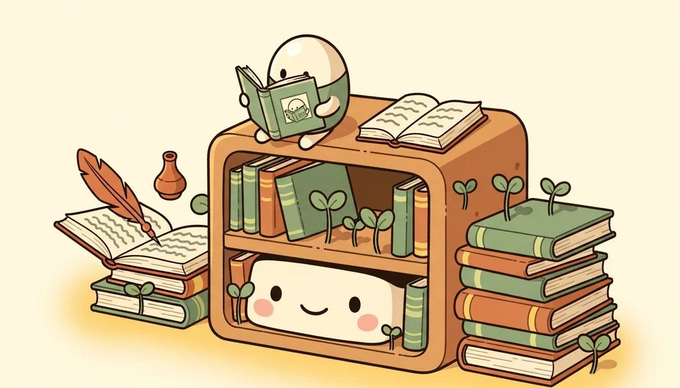 一個活著的書架，書本在自己書寫、枝芽從書縫長出