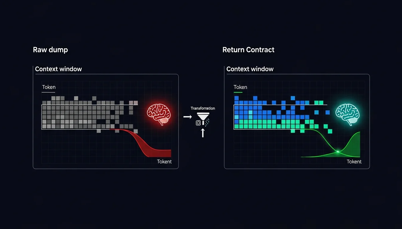 Context degradation: raw dumps tank the receiver's reasoning quality; Return Contract compresses output to maintain quality