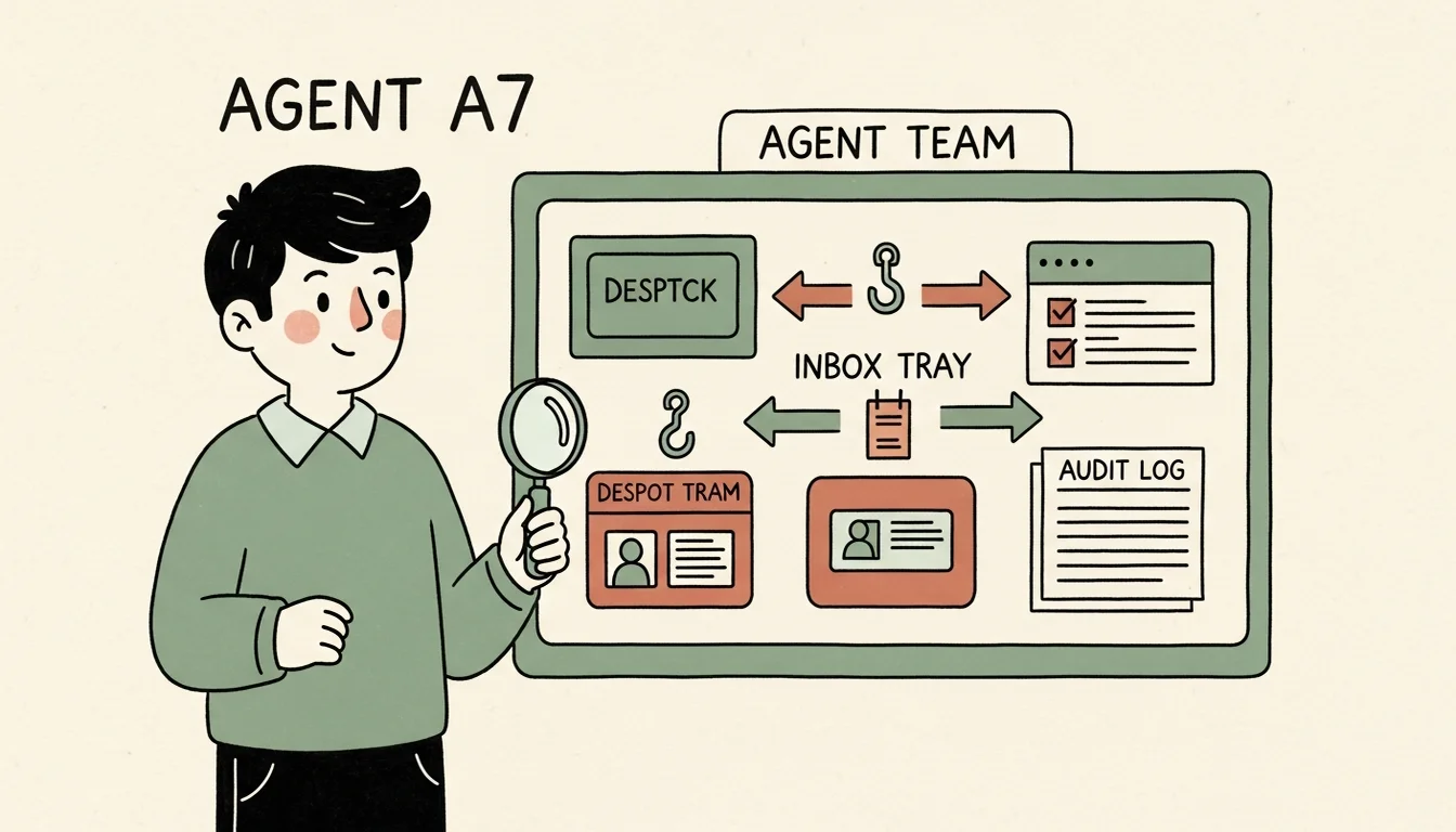 Agent A7 standing beside an Agent Team workflow, observing dispatch, inbox, hook events, and audit logs
