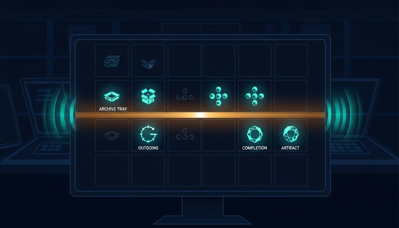 An auditor sits in a low-signal room beside indicator lights for task archive, outbox, done JSON, and primary artifact