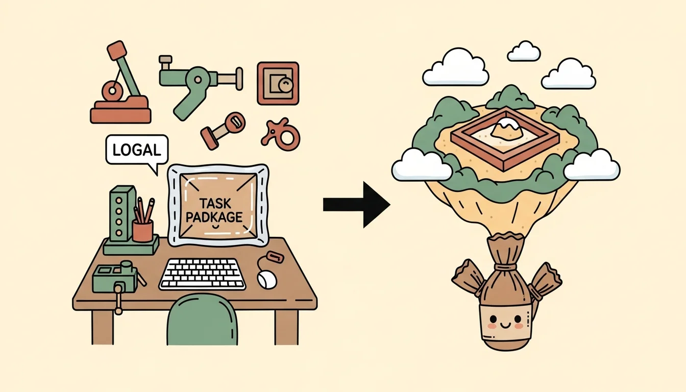 A task package moving from a local desk across an environment boundary into a cloud sandbox, then returning as a branch artifact for local review