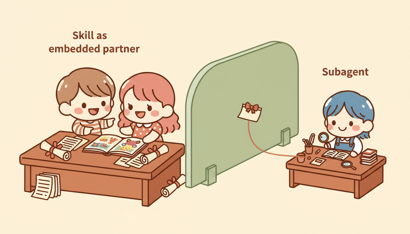 Skill 作為嵌入式知識夥伴 vs Subagent 作為獨立執行者的對比示意圖