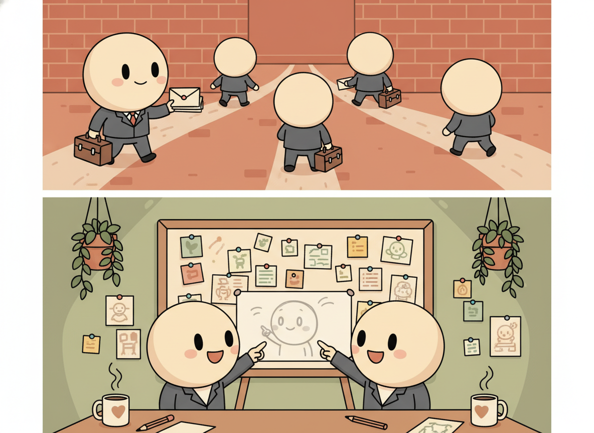 對比：上方主管派承包商各自帶工具箱離開（Subagent 模式），下方專案團隊共同指著白板協作（Agent Team 模式）