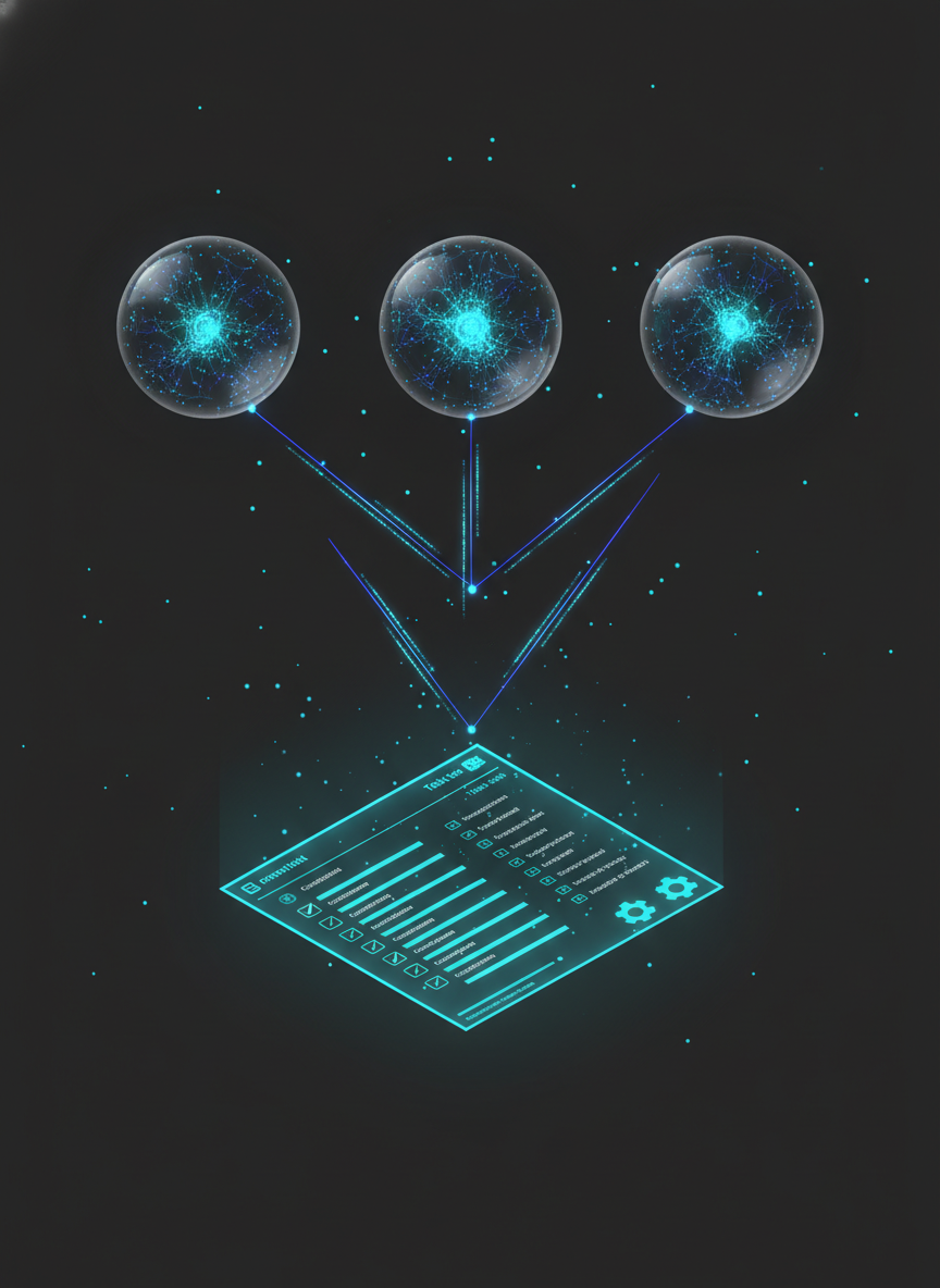 三層架構示意：上層三個各自獨立的玻璃罐（隔離的思考），中層錫罐電話串線連接（mailbox 通訊），下層一本共享筆記本（shared task list）