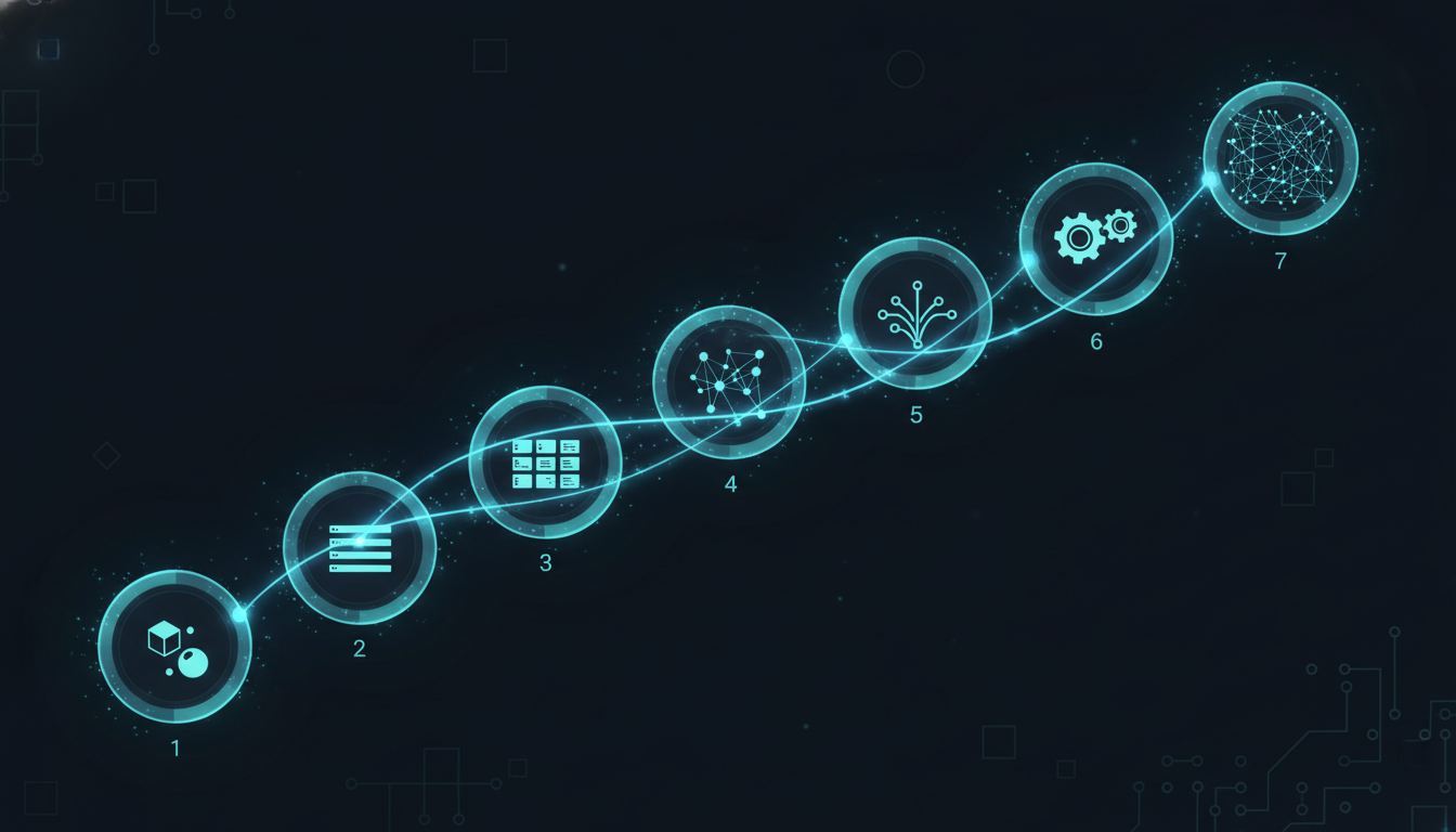 七篇文章旅程地圖：從左下到右上的蜿蜒小徑，標有 7 個路標，分別對應每篇文章的核心概念