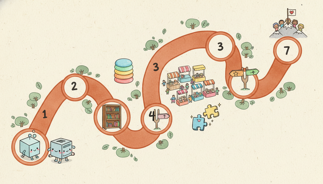 七篇文章旅程地圖：從左下到右上的蜿蜒小徑，標有 7 個路標，分別對應每篇文章的核心概念