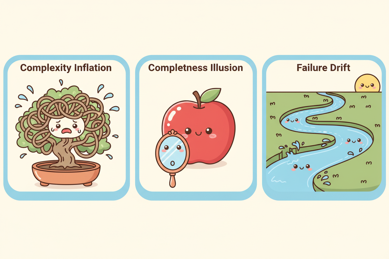 三聯圖：左為過度生長的盆栽（複雜度膨脹），中為外觀完美但內部空洞的蘋果（完整性幻覺），右為逐漸偏離原路的河流（失敗漂移）